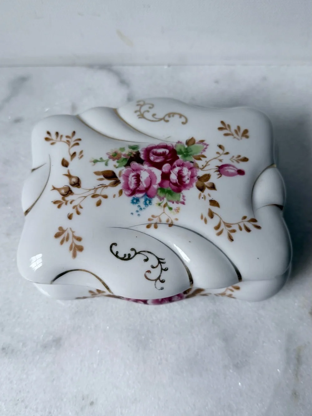 Porcelain Floral Trinket Box with Pink Rose Motif Japan vintage